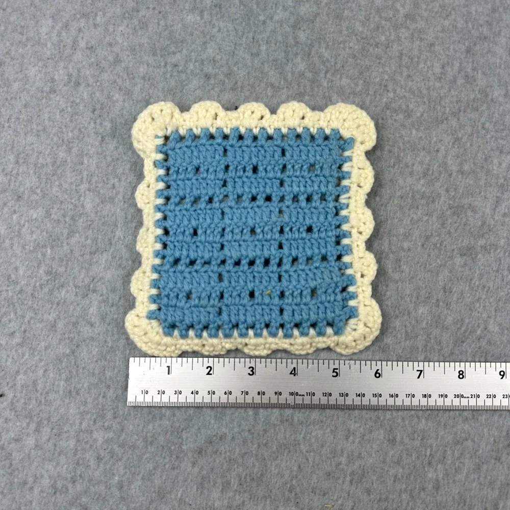Vtg Handmade Crochet Coasters Set of 2 Blue Cream Floral Square Scalloped Boho